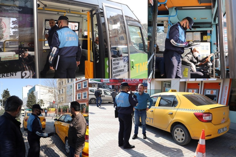 BÜYÜKÇEKME’DE  ZABITA, KORONAVİRÜSLE MÜCADELE KAPSAMINDA TAKSİ VE DOLMUŞLARI DENETLEDİ