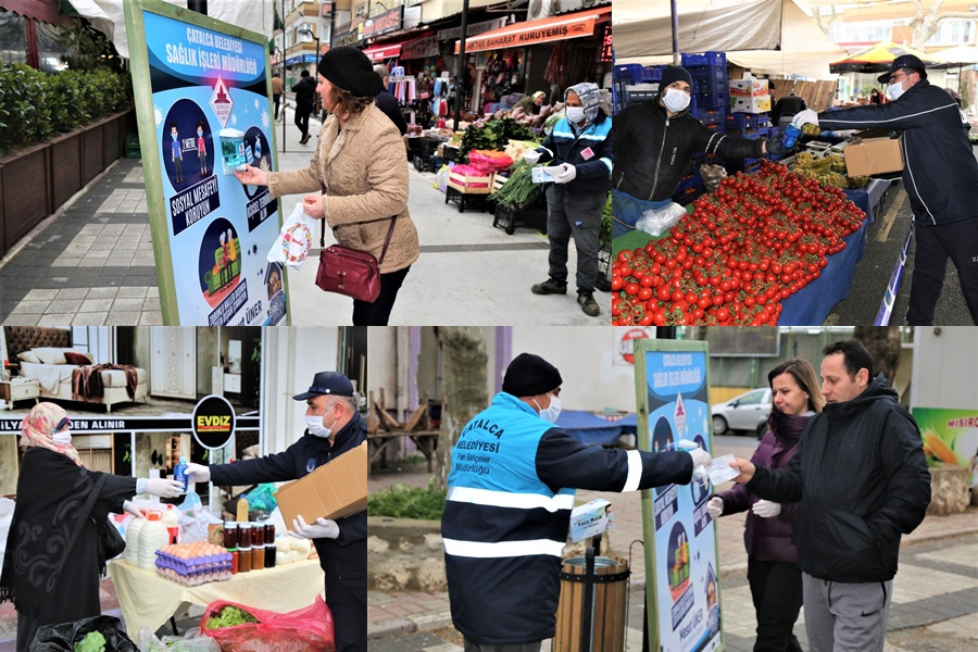 ÇATALCA’DA PAZAR YERİNE EL DEZENFEKTAN ÜNİTELERİ KURULDU MASKE DAĞILTILDI