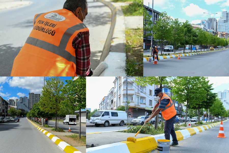 ESENYURT BELEDİYESİ, ANA ARTERLERDE REFÜJ BOYALARINI YENİLİYOR