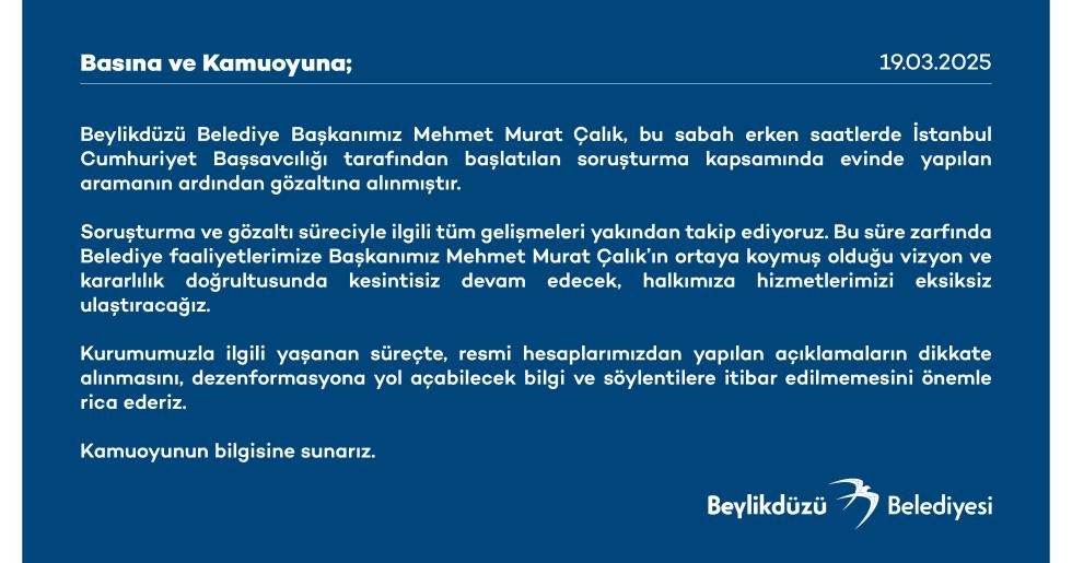 BEYLİKDÜZÜ BELEDİYESİ’NDEN BASIN AÇIKLAMASI
