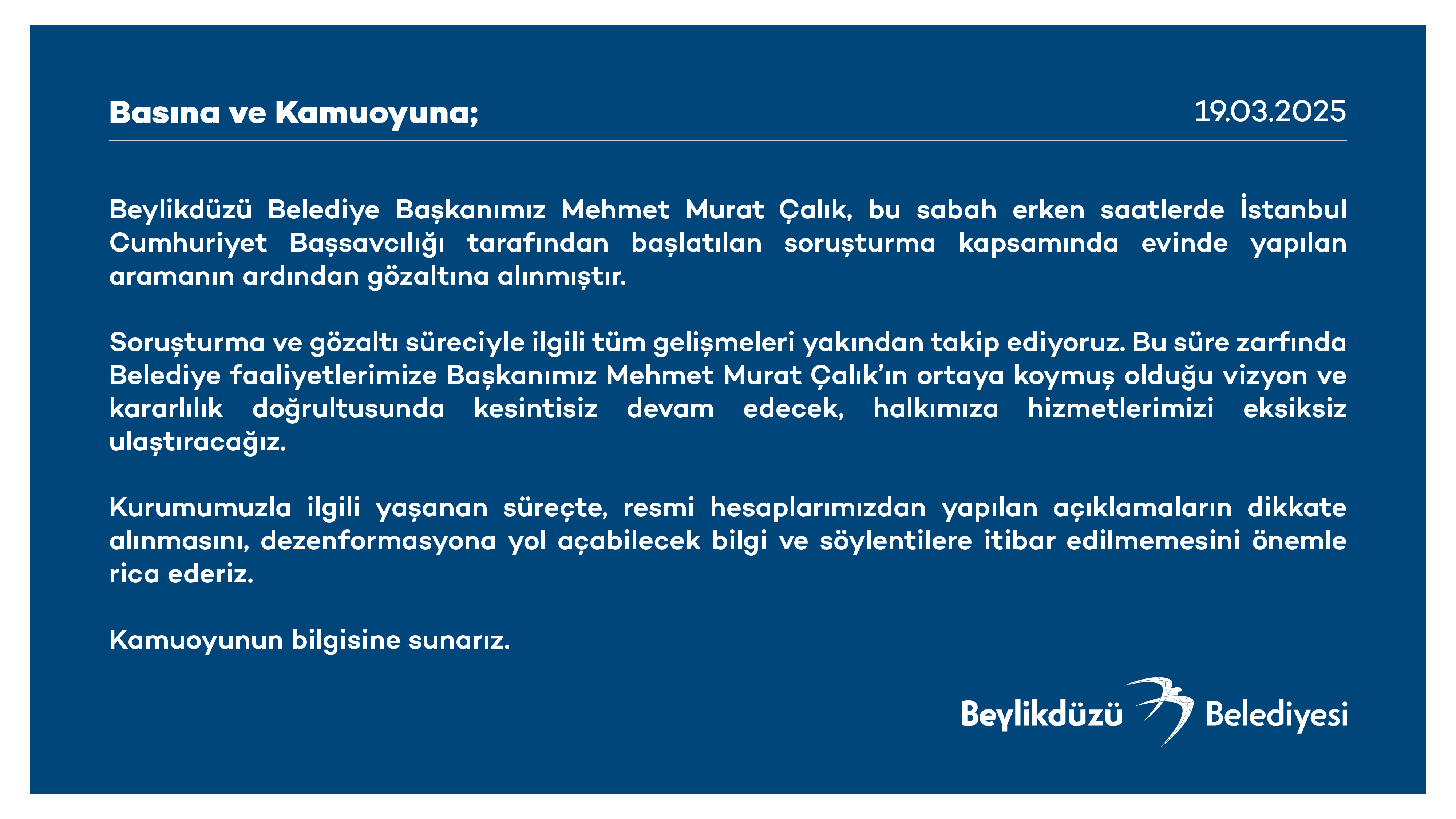 BEYLİKDÜZÜ BELEDİYESİ’NDEN BASIN AÇIKLAMASI