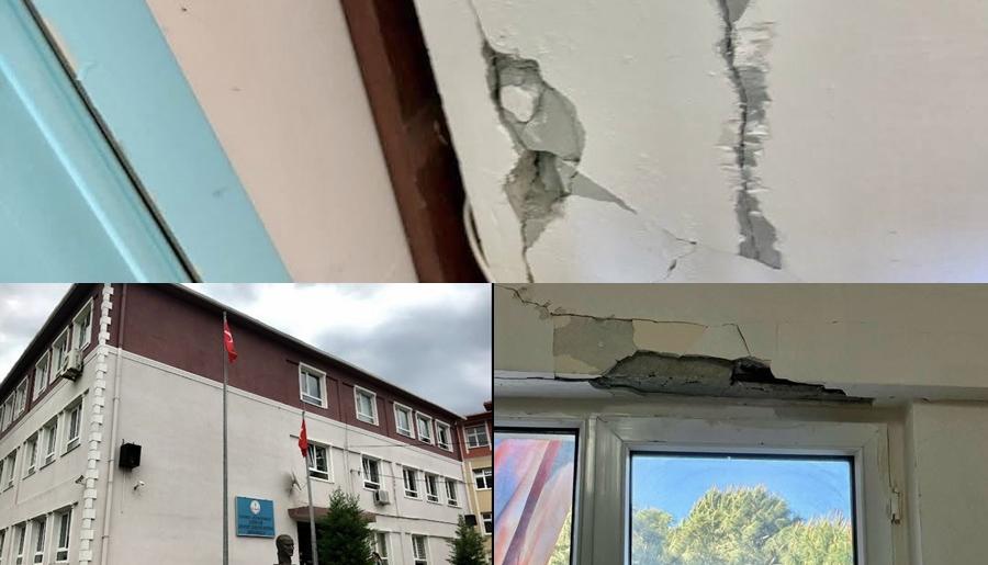 BÜYÜKÇEKMECE GÜZELCE’DE DEPREM SONRASI ORTAOKUL’DA TEDİRGİN EDEN ÇATLAMLAR…