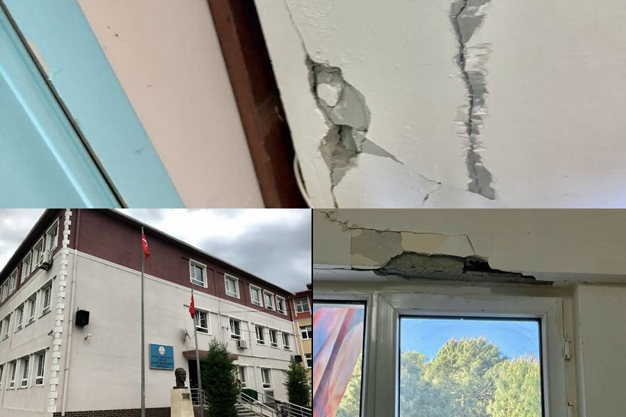 BÜYÜKÇEKMECE GÜZELCE’DE DEPREM SONRASI ORTAOKUL’DA TEDİRGİN EDEN ÇATLAMLAR…